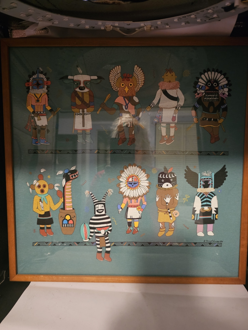 Hand Painting On Fabric Depicting Native American Kachinas, Framed, Signed